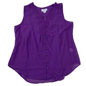 Liz Claiborne Purple Sleeveless Button-Down Blouse Swiss Dot Pattern Womens Size
